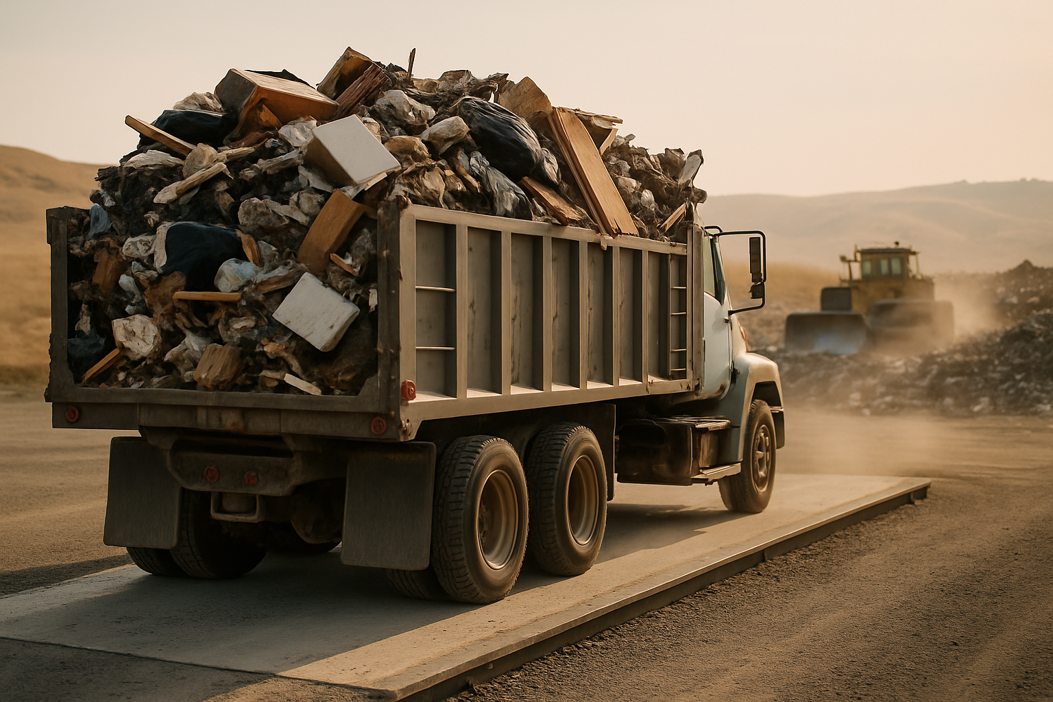 Hollister Trash Rates Set for Yearly Increases After August 2026 Hearings 1 Loaded dump truck full of household debris and concrete on a landfill scale pad
