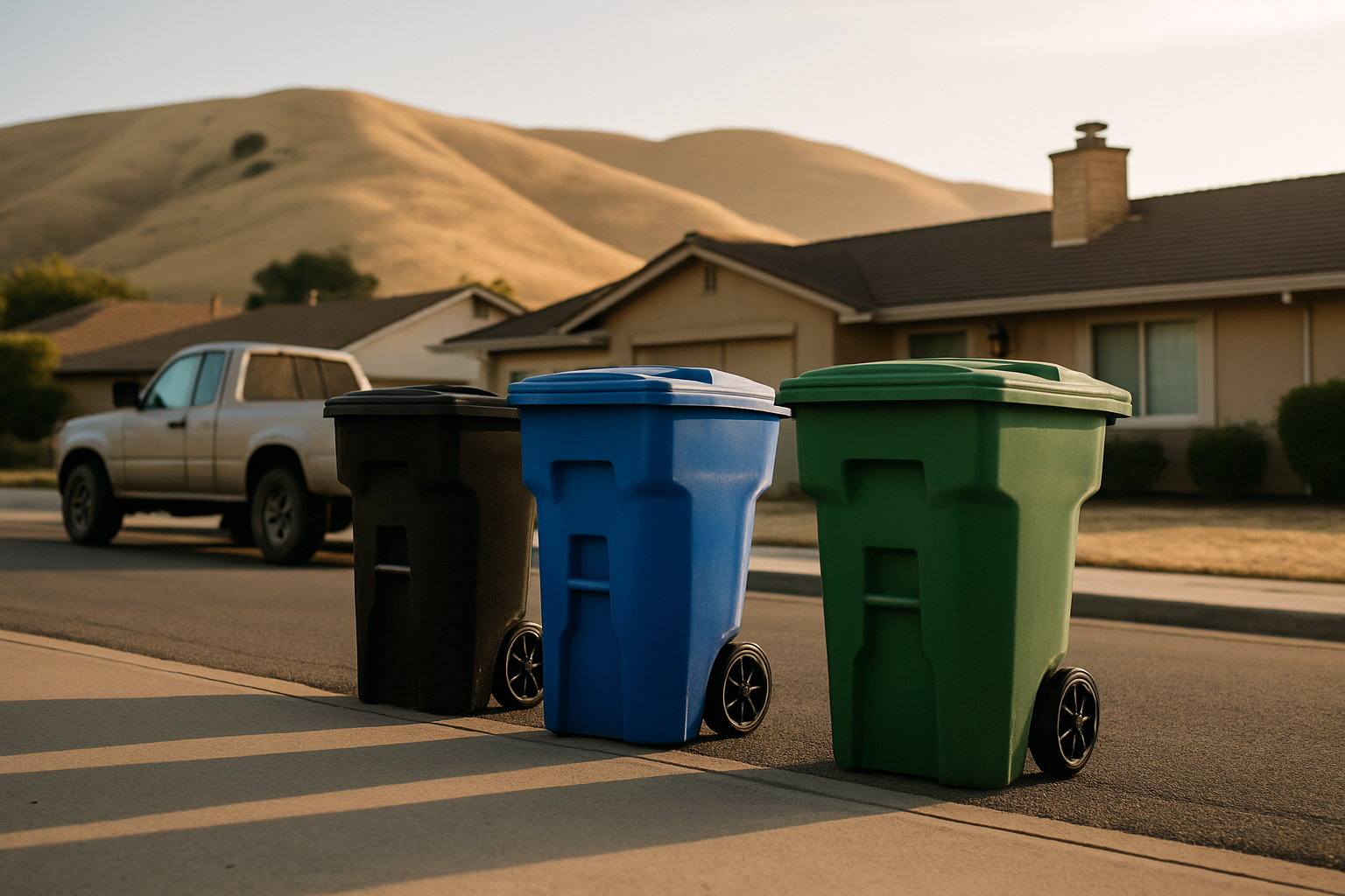 Three curbside garbage, recycling, and organics carts at a Hollister home with golden hills behind
