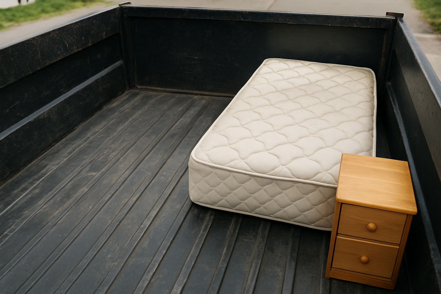 Nearly empty truck bed holding one mattress and a small dresser, showing an eighth of a load