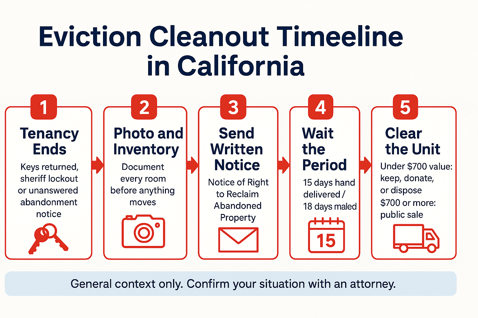 Tenant Left Everything Behind: When You Can Legally Clear It Out 2 Infographic showing the five-step eviction cleanout timeline from end of tenancy to clearing the unit