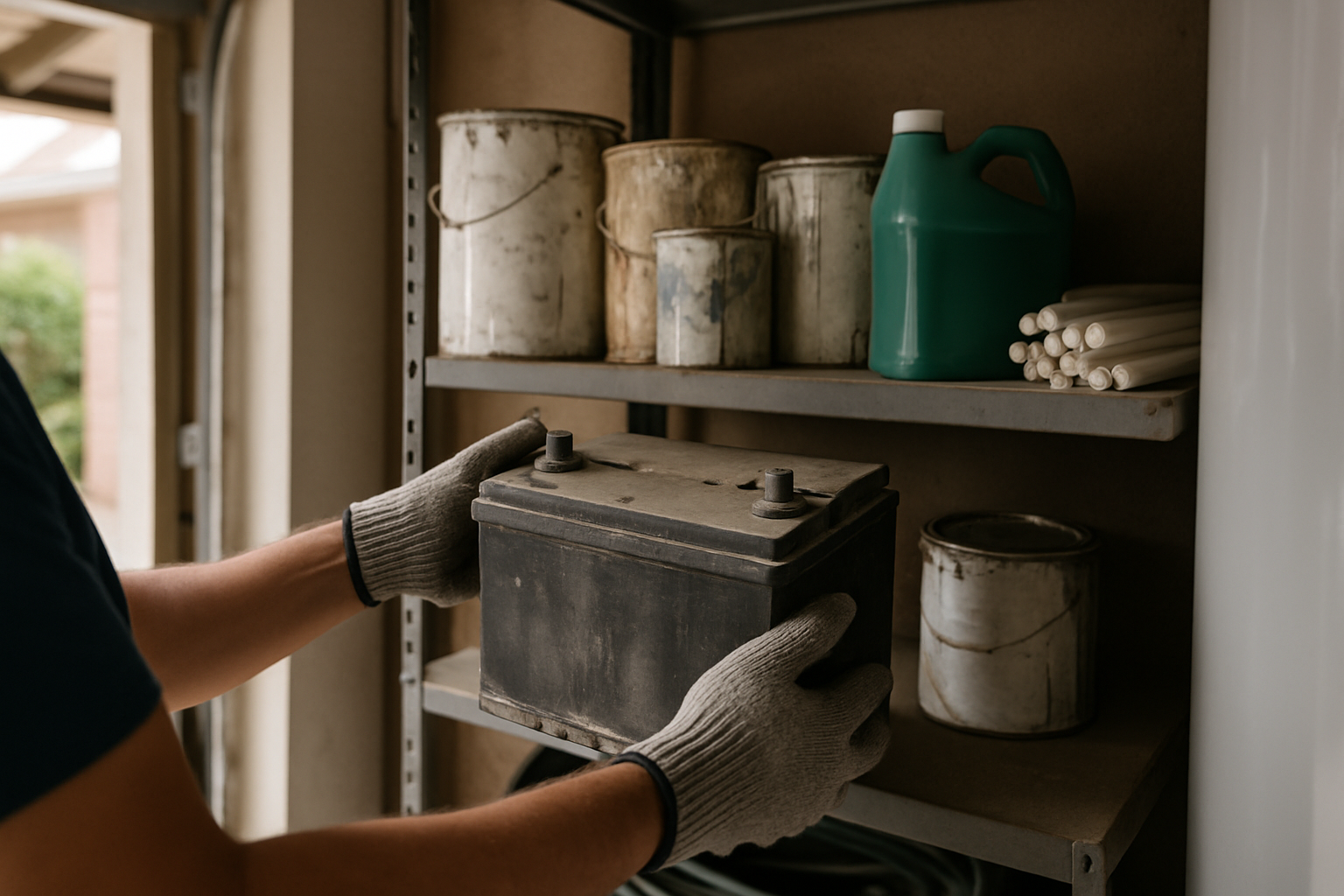 What Can't Go in the Dumpster You Just Rented (and Where It Goes Instead) 1 Gloved hands pulling a car battery off a back garage shelf lined with old paint cans and antifreeze
