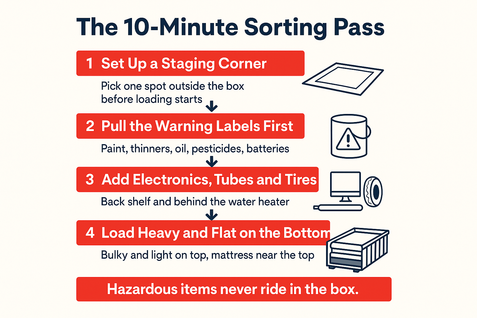 What Can't Go in the Dumpster You Just Rented (and Where It Goes Instead) 2 Infographic showing a four-step sorting sequence for separating restricted items before loading a rented dumpster