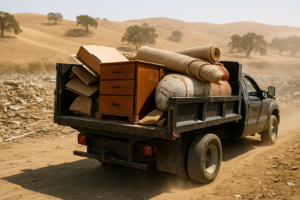 Dump truck loaded with mixed household debris parked at a rural California landfill on a dry summer morning