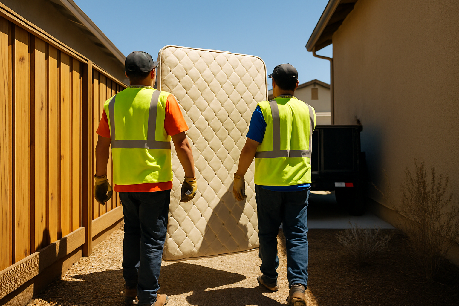 Why Hauling Prices in Hollister Are Shifting This Summer 1 Two hauling crew members carrying a mattress through a tight side yard toward a dump trailer in a driveway