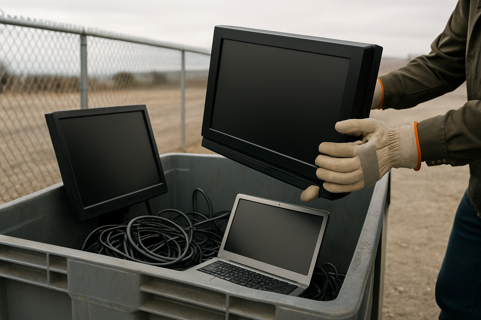 After the Holidays: Where the Tree, the Boxes, and the Old Couch Each Go 1 Gloved hands placing an old television into an electronics recycling bin at a county landfill drop-off area