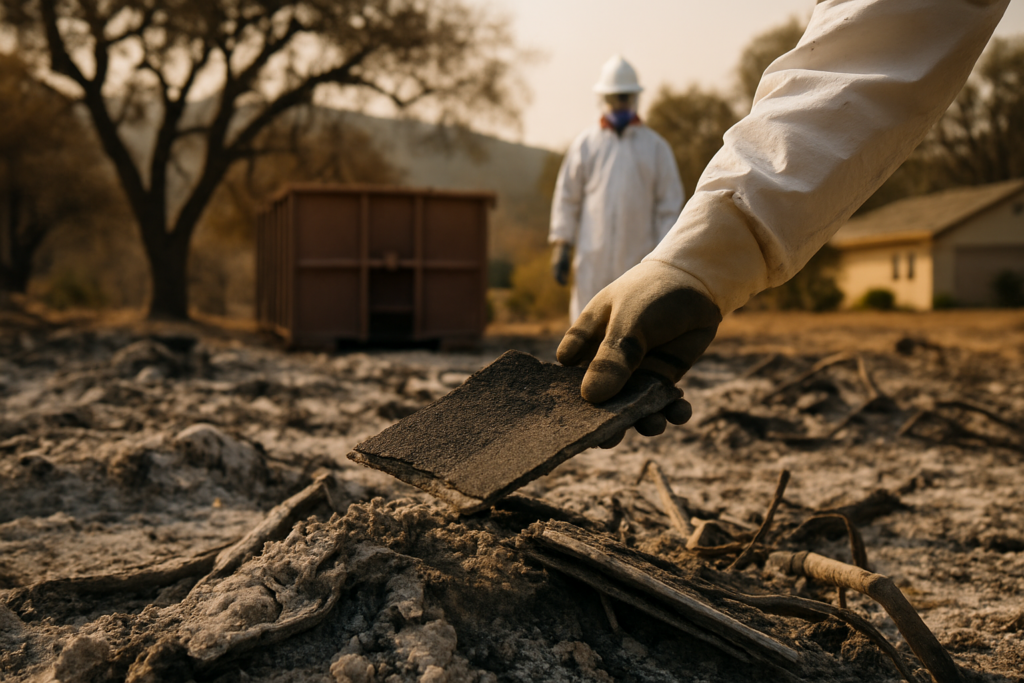 Disaster debris removal in California now limited to certified licensed contractors 1 Crew in protective gear sorting burned roofing and ash debris at a fire damaged California home