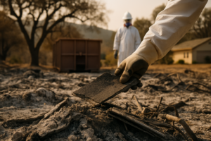 Crew in protective gear sorting burned roofing and ash debris at a fire damaged California home