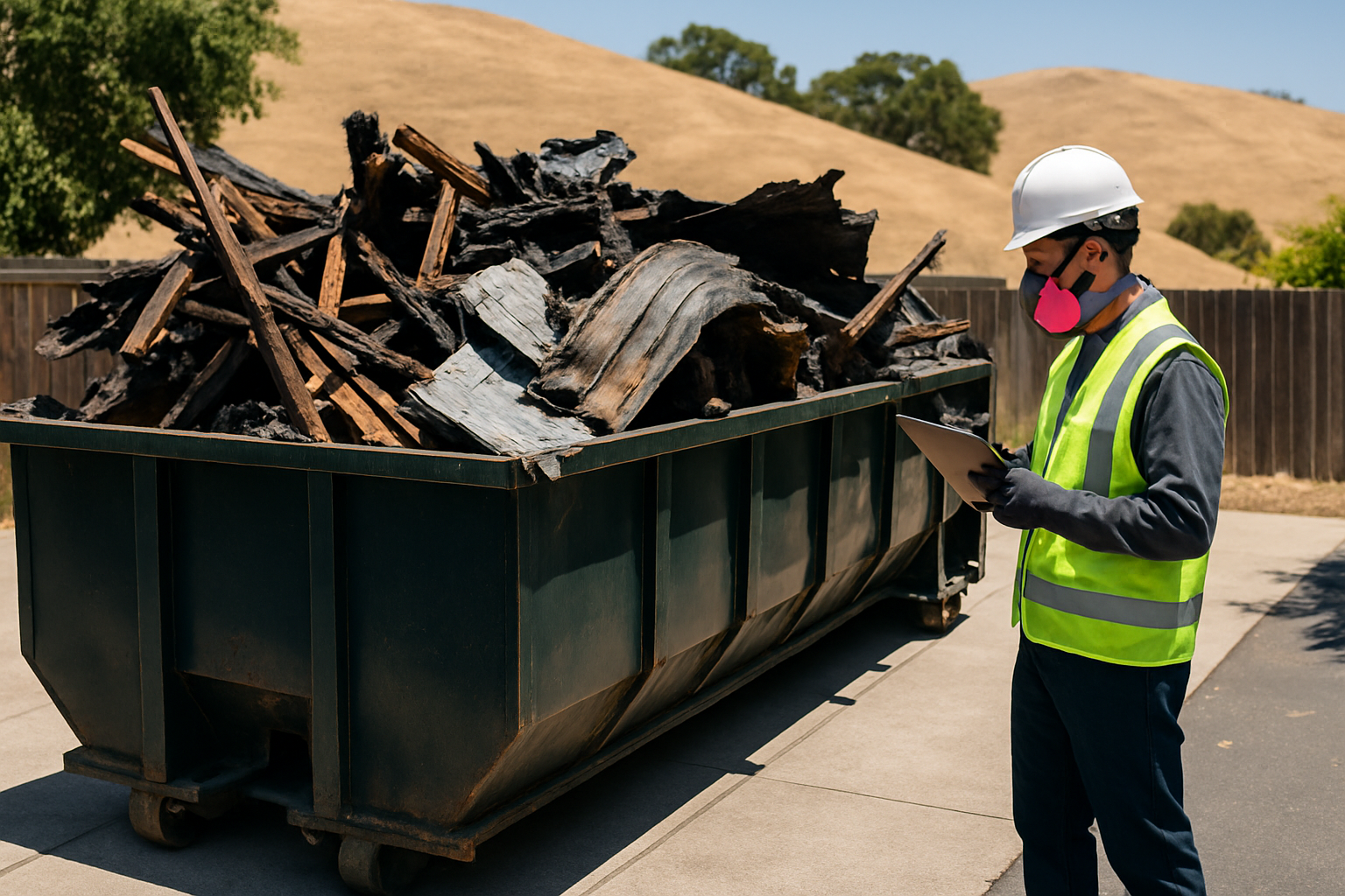 Roll-off container on a driveway holding burned framing and scorched metal from a damaged home