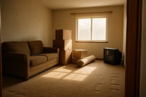 Home 26 Furnished living room of an older ranch house partially emptied during a whole house cleanout