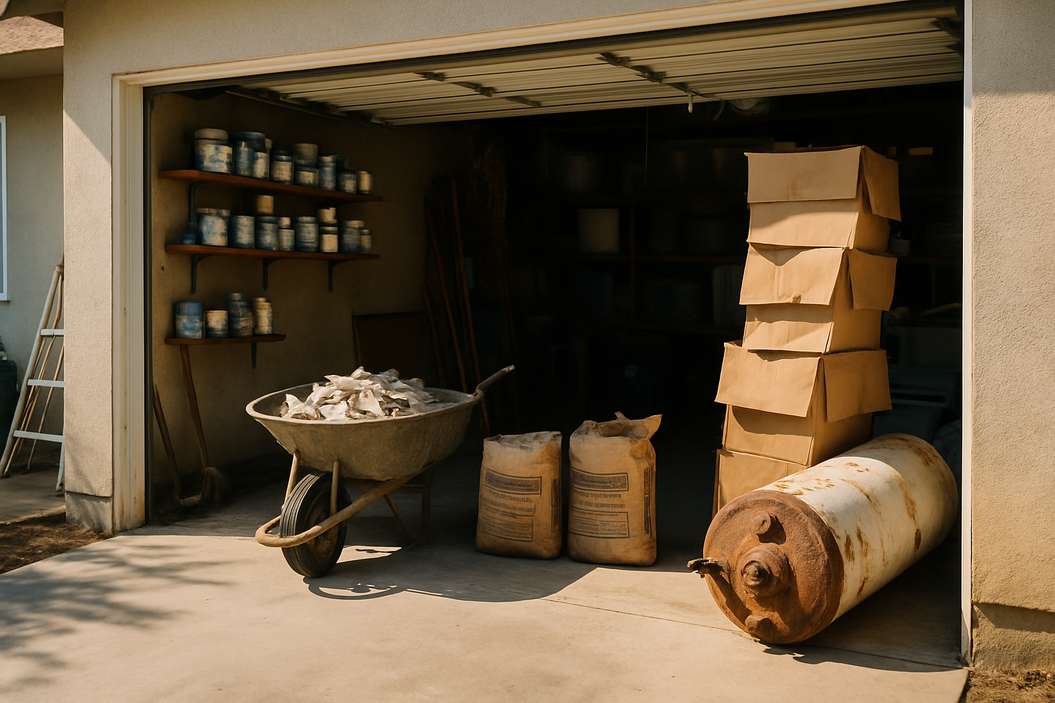 Emptying a Whole House: Where the Hours and the Dollars Go 1 Packed garage with tile, bagged concrete mix, old water heater and cardboard before a house cleanout