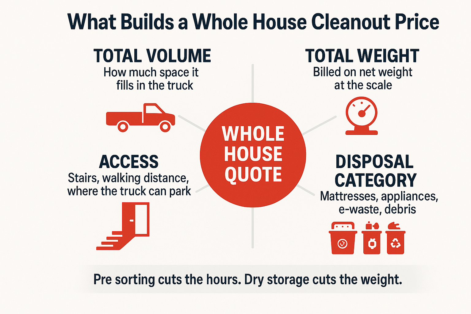 Emptying a Whole House: Where the Hours and the Dollars Go 2 Infographic showing the four factors that set the cost to clean out a house: volume, weight, access and disposal