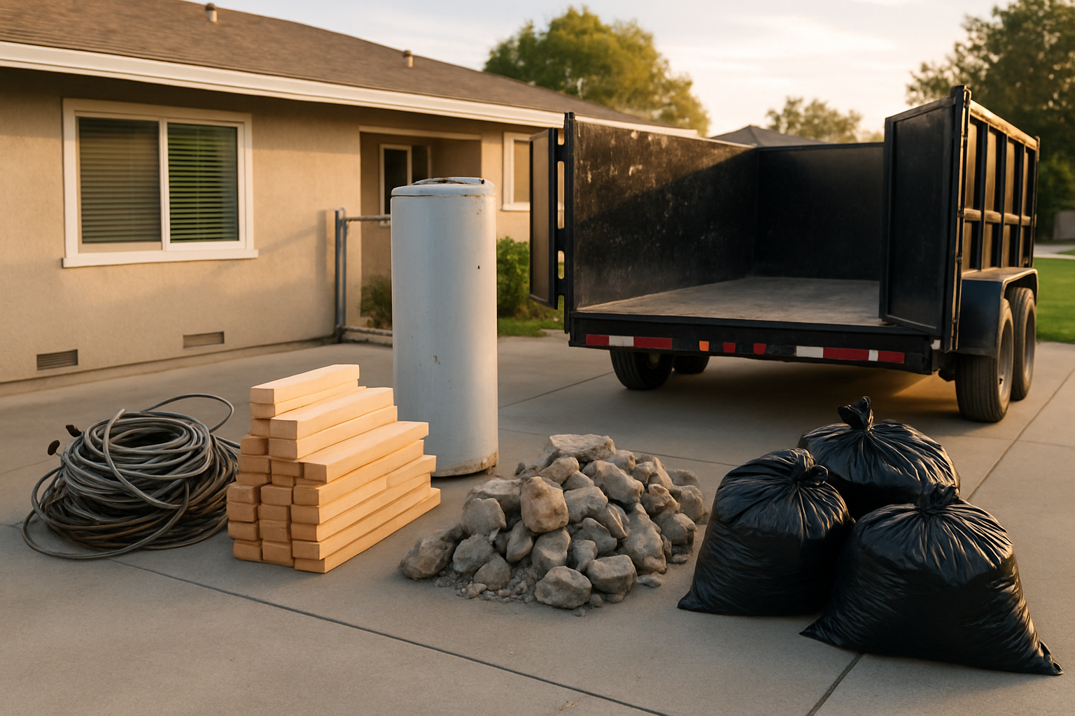 Four separated cleanout piles of scrap metal, clean wood, concrete, and bagged trash on a driveway