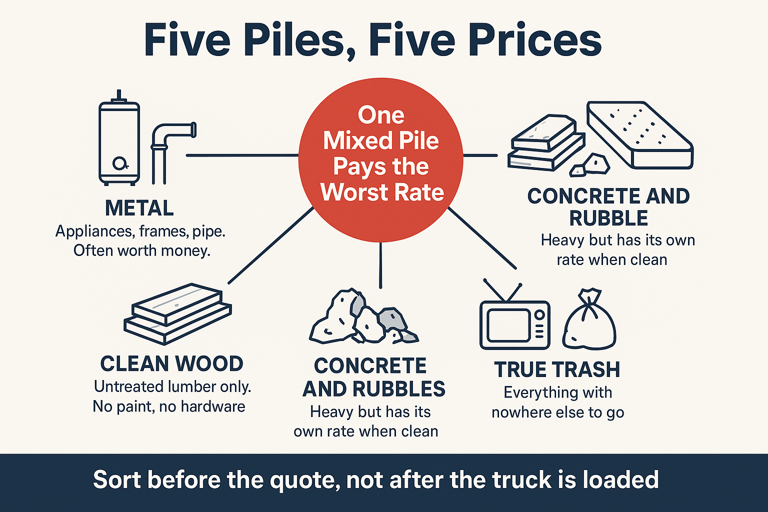 Infographic showing five sorted cleanout piles and why mixed loads cost more at the landfill