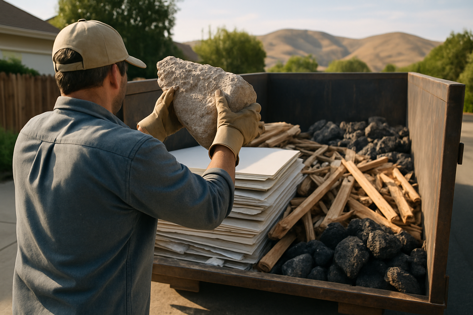 Worker lifting a broken concrete slab into a roll-off container of sorted renovation debris