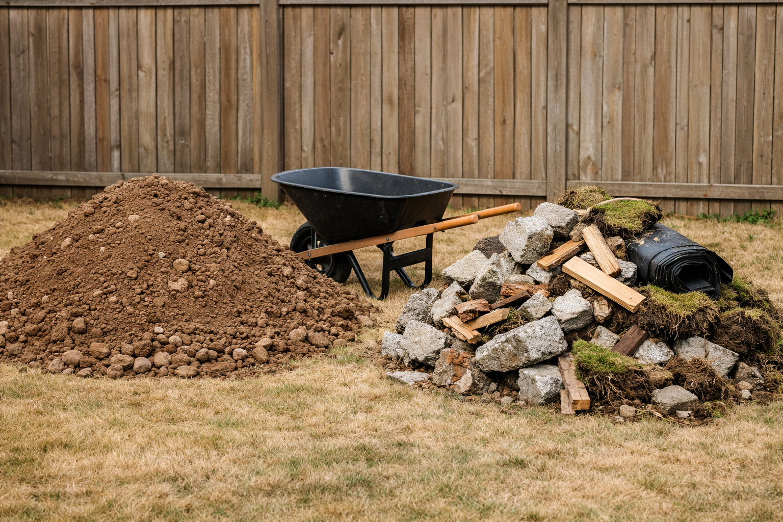 Left With a Dirt Pile: Clean Fill, Mixed Loads, and Why Weight Sets the Price 1 Two separated piles on a lawn, one clean soil and one mixed debris with concrete, lumber, and sod