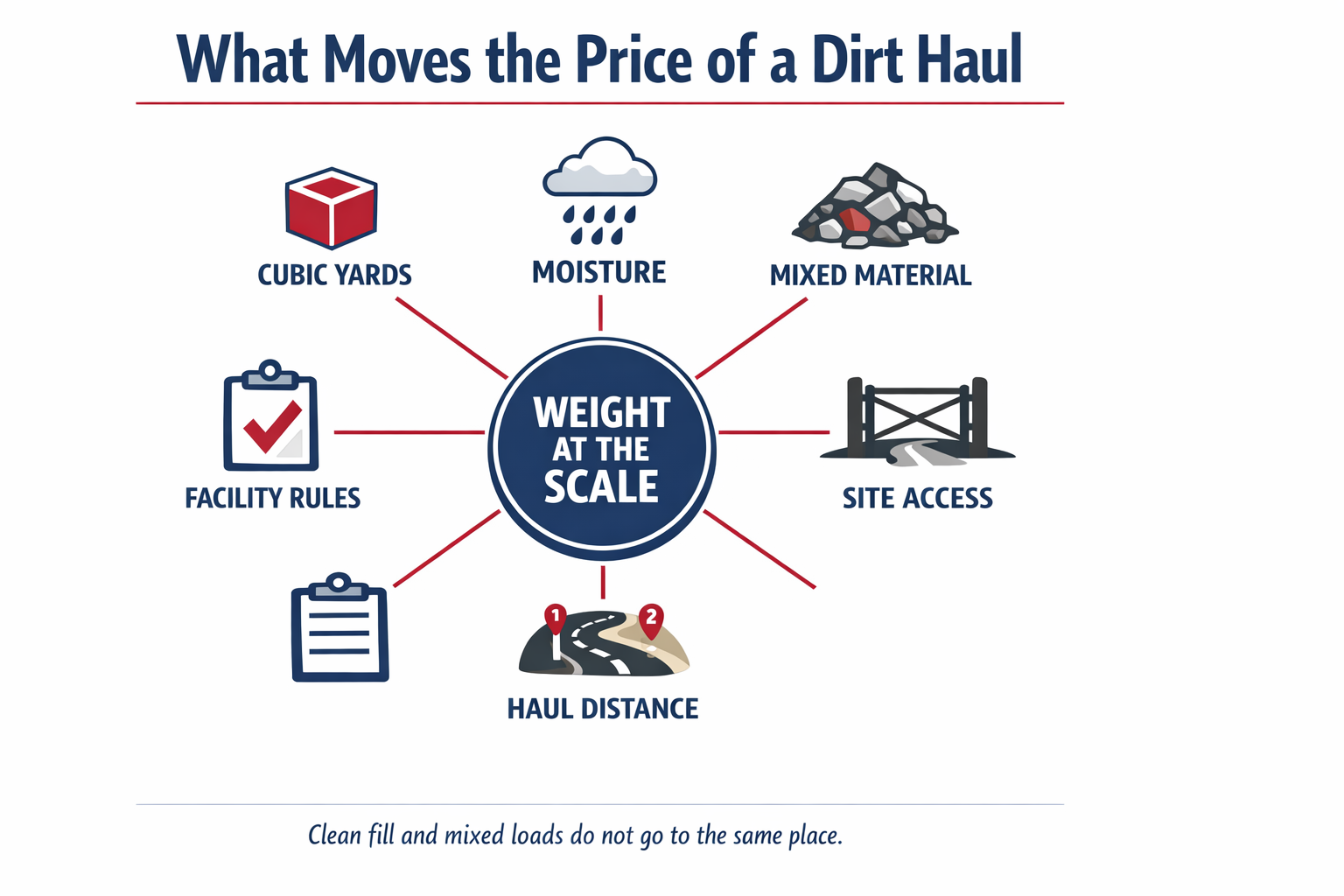 Left With a Dirt Pile: Clean Fill, Mixed Loads, and Why Weight Sets the Price 2 Infographic showing six factors that set dirt hauling price, centered on load weight at the scale