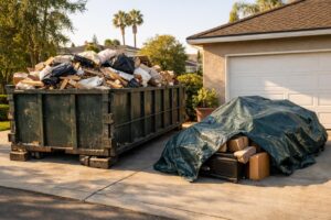 Overfilled roll-off dumpster on driveway with debris above the rails and a tarped leftover pile beside it