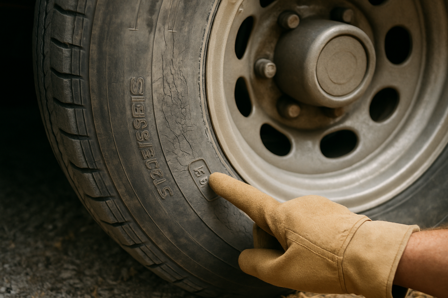 Cracked RV trailer tire sidewall being inspected before a fifth wheel transport