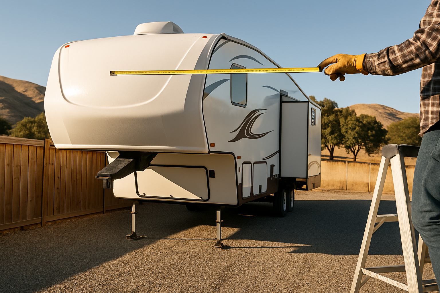 Fifth wheel trailer in a gravel side yard being measured at the roof AC before moving to winter storage