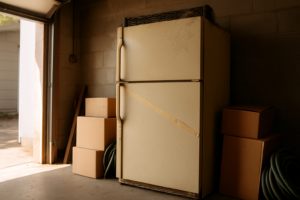 Old refrigerator pushed against a cluttered garage wall waiting for appliance removal