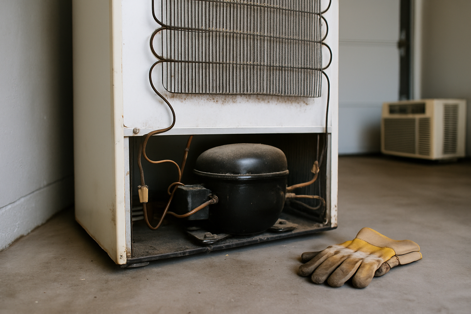 Back of an old refrigerator showing compressor and refrigerant lines before disposal