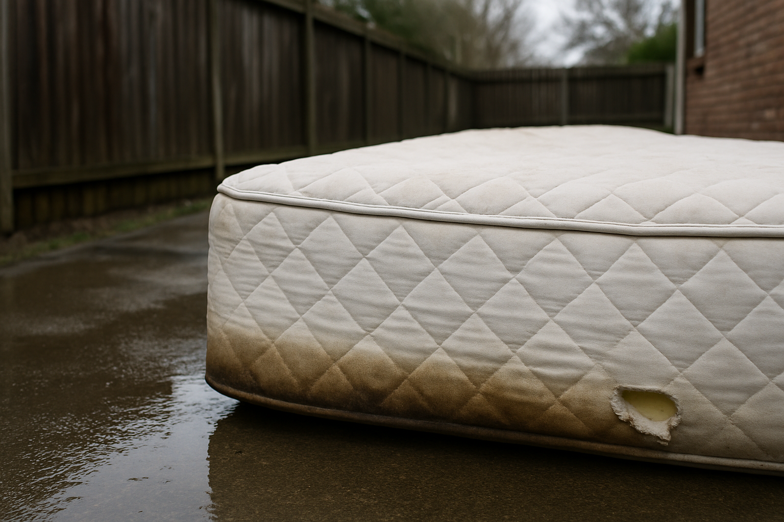 The Mattress Nobody Wants: Free Drop-Off, Haulers, and What Gets Rejected 1 Water-stained and torn corner of a mattress sitting on wet concrete in a side yard after rain