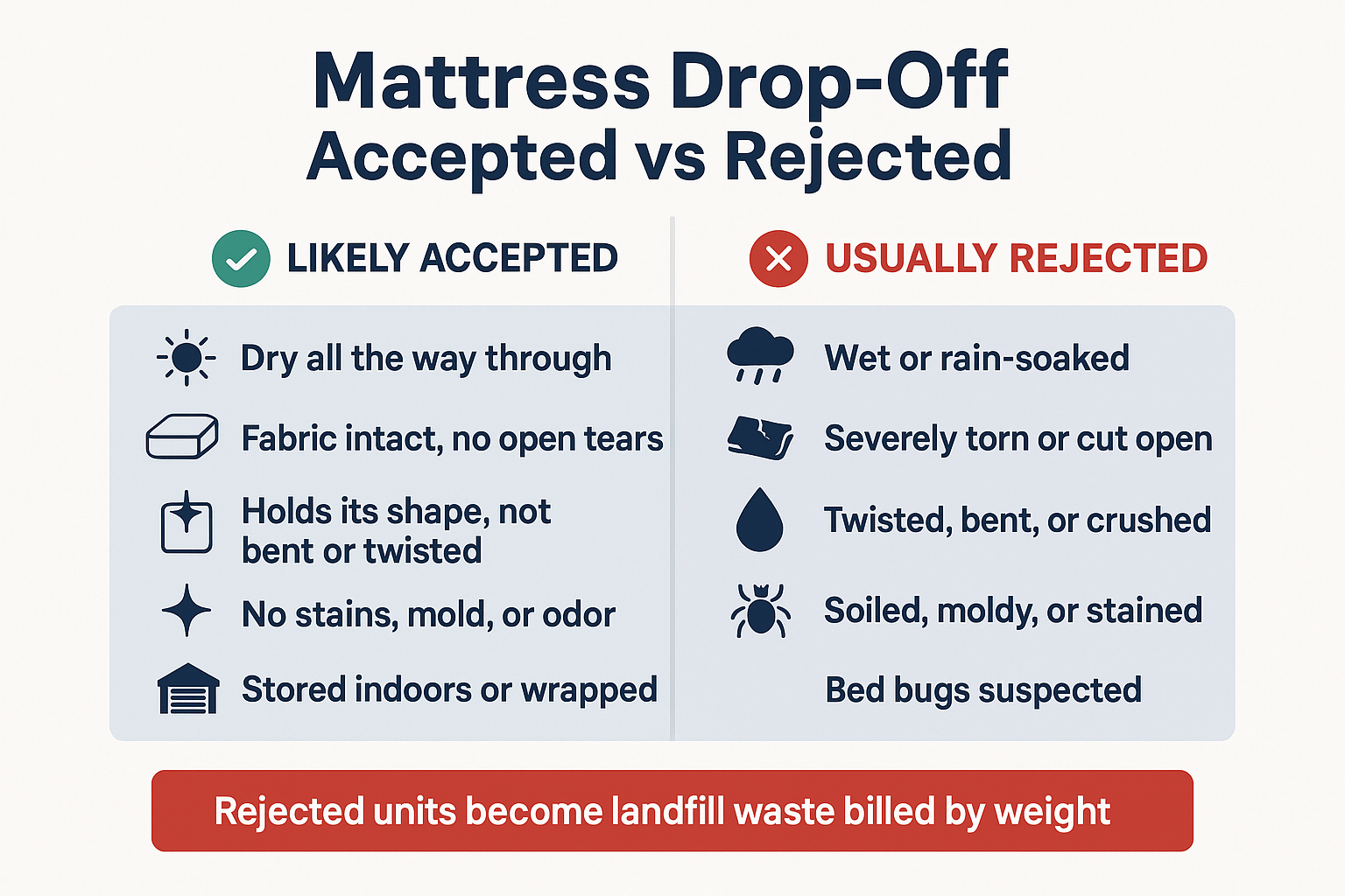 The Mattress Nobody Wants: Free Drop-Off, Haulers, and What Gets Rejected 2 Infographic comparing mattress conditions that are accepted at recycling drop-off versus those that get rejected