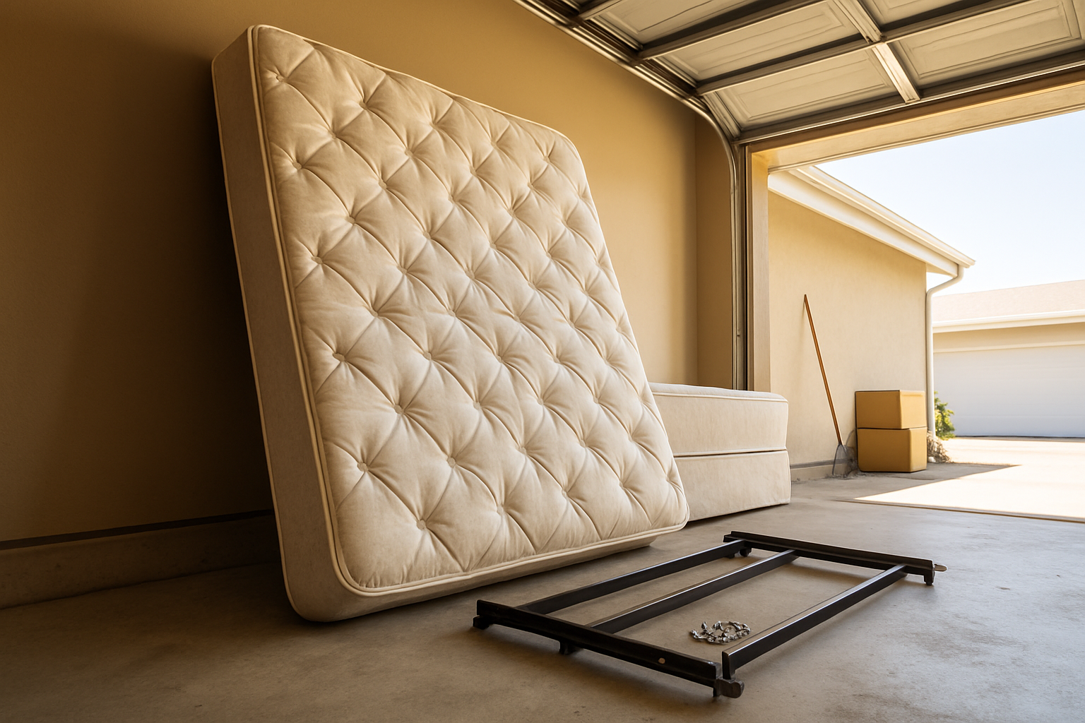 Old mattress and box spring leaning in a garage beside a disassembled metal bed frame awaiting disposal