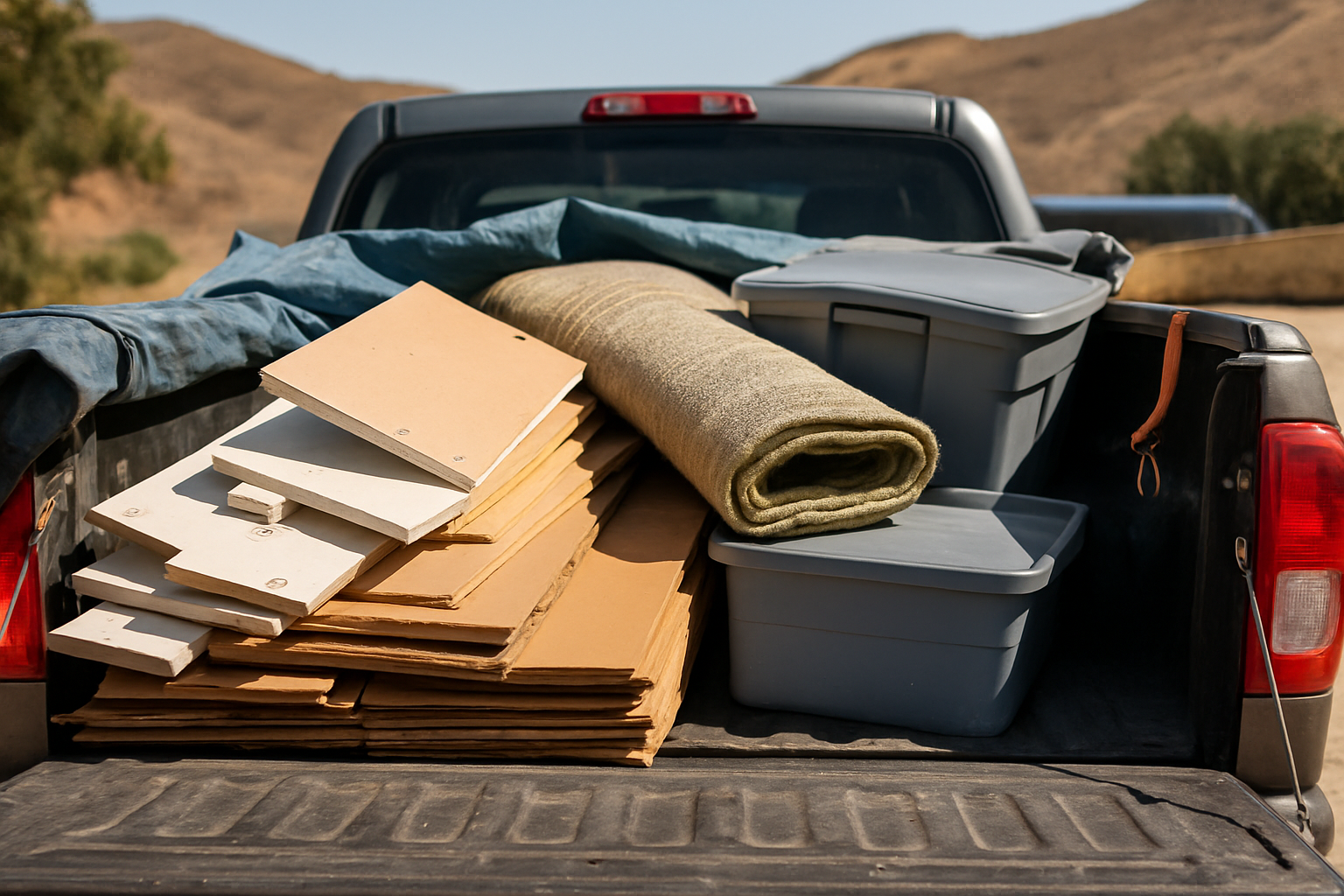 Your Pickup Truck vs. a Rented Dumpster: When Self-Hauling Stops Saving Money 1 Pickup bed packed with mixed household junk, shelving boards and boxes, partly covered by a tarp