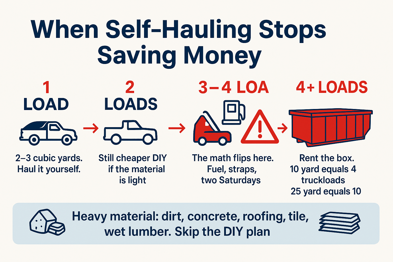 Your Pickup Truck vs. a Rented Dumpster: When Self-Hauling Stops Saving Money 2 Infographic showing when self-hauling in a pickup stops saving money compared to renting a dumpster